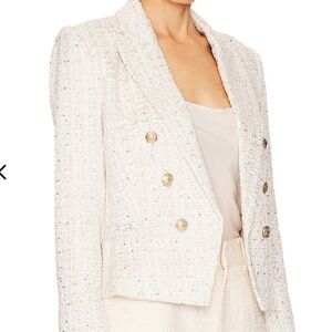 L’AGENCE Cream Tweed Double-Breasted Blazer | Gold Button | Brooke Open-Front